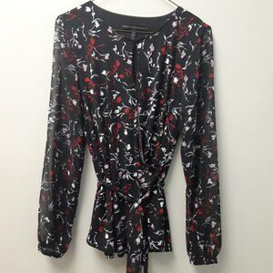 White House Black Market Women's Small Black floral wrap style belted blouse